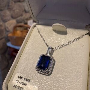 Elegant Lab Sapphire and Diamond Accent Necklace Sterling Silver